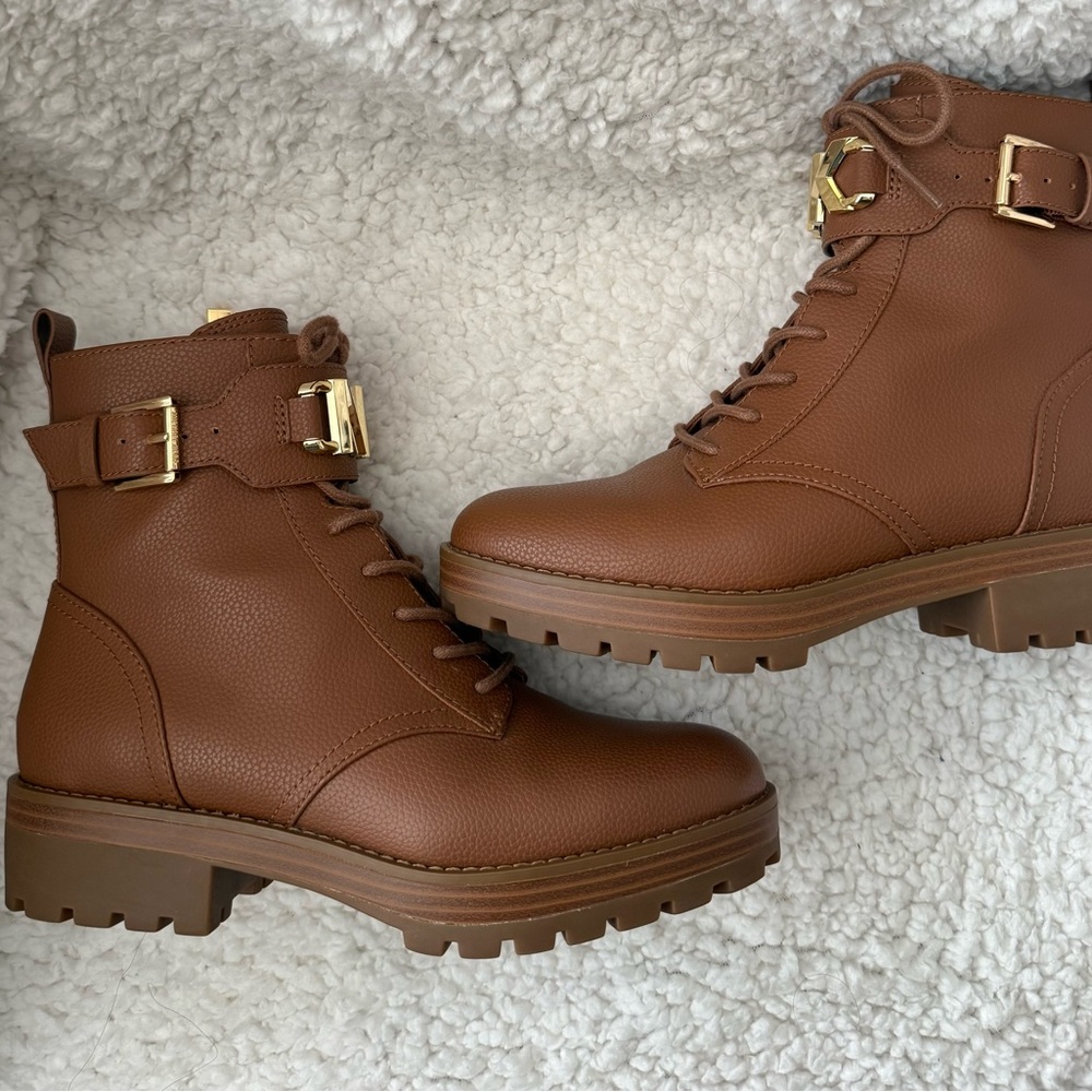 Michael Kors Brown Lace-Up MK Logo Combat Boots - Picture 2 of 8